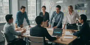 Diverse professionals strategizing for 2025 workforce evolution in a modern office