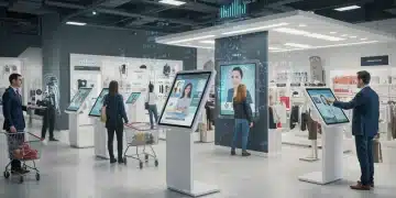 AI-powered personalized shopping experience in a modern US retail store with diverse shoppers