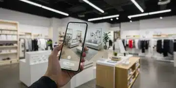 Customer using augmented reality app to visualize furniture in their home, reducing returns