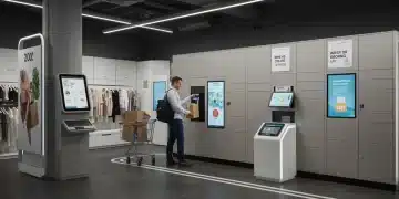 Automated Click and Collect locker system in a modern retail store, showing a customer easily retrieving an order.