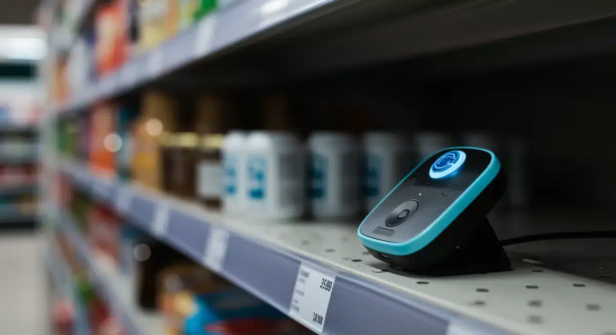 Small beacon device on a retail shelf, enabling precise indoor navigation.