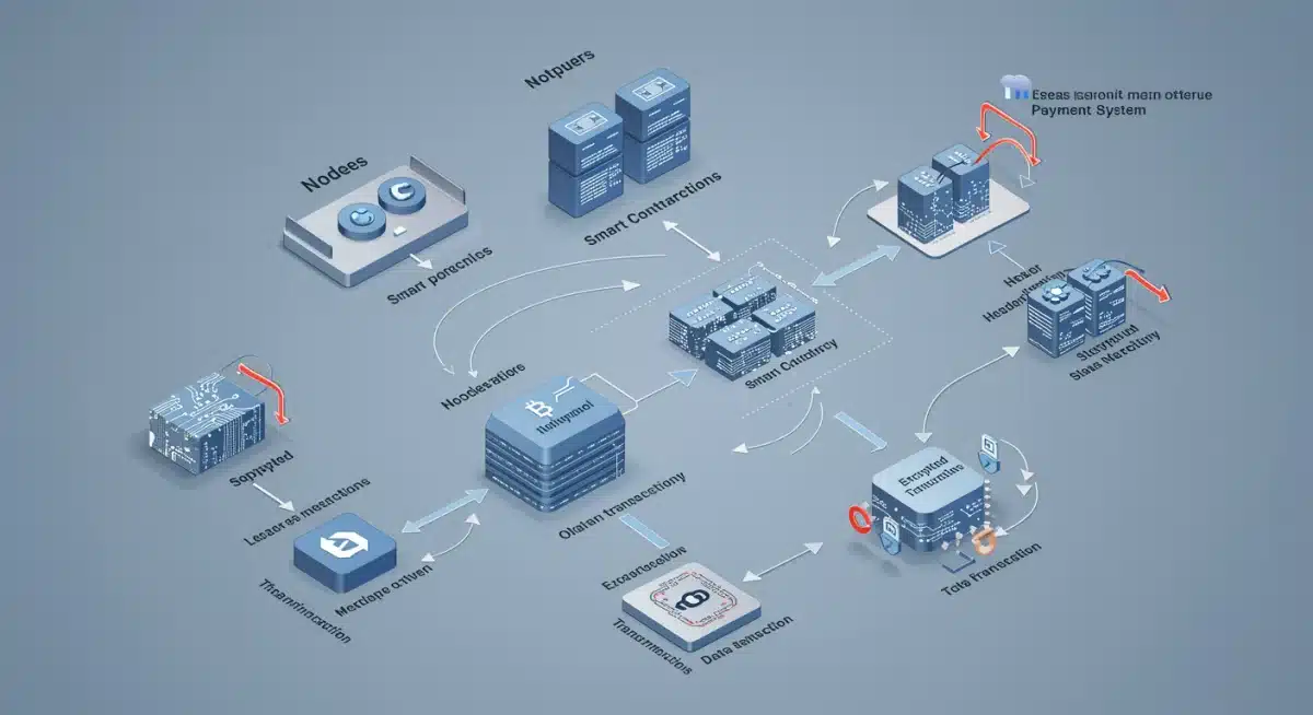 Complex network diagram of a blockchain payment system with nodes and smart contracts