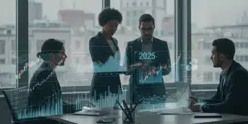 Business team analyzing 2025 economic forecasts and growth strategies