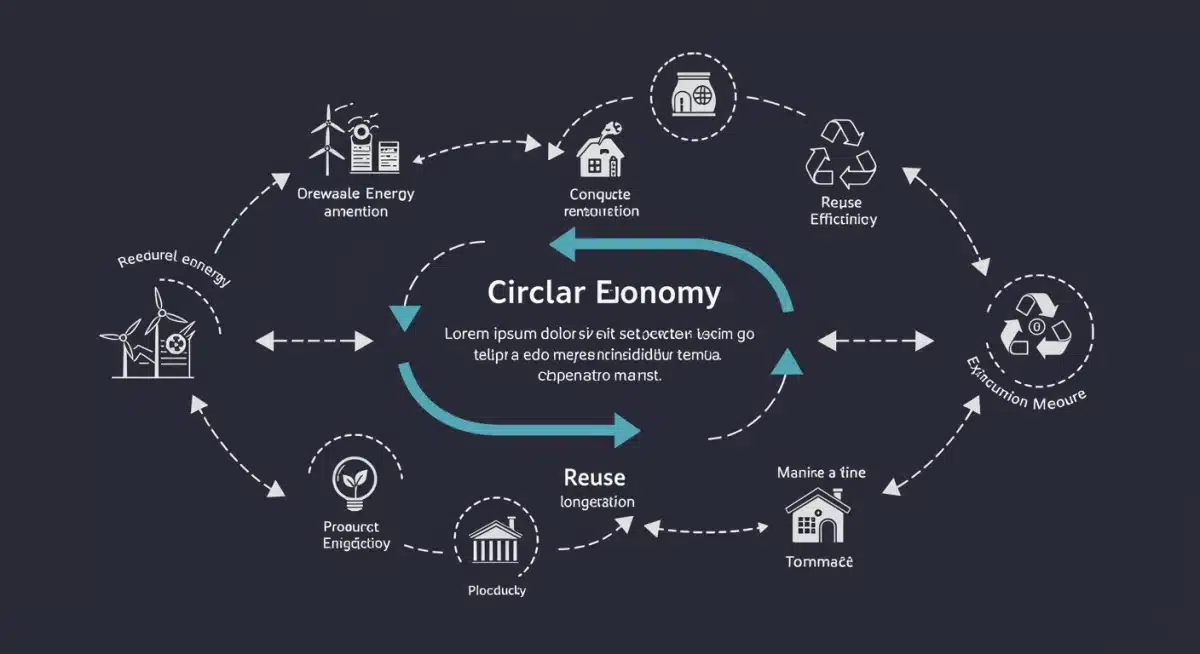 Circular economy infographic showing production, consumption, reuse, and recycling loops