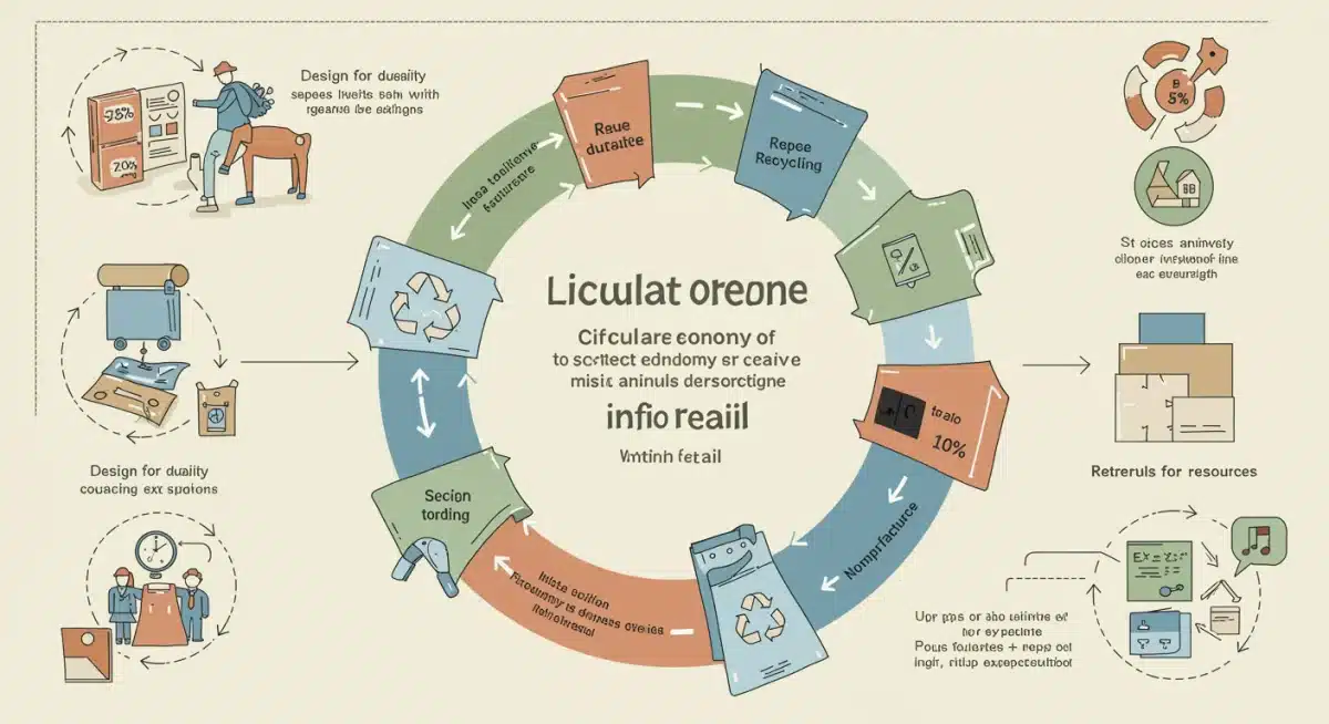 Infographic illustrating a circular economy model for retail products, detailing steps from design to reuse and recycling.
