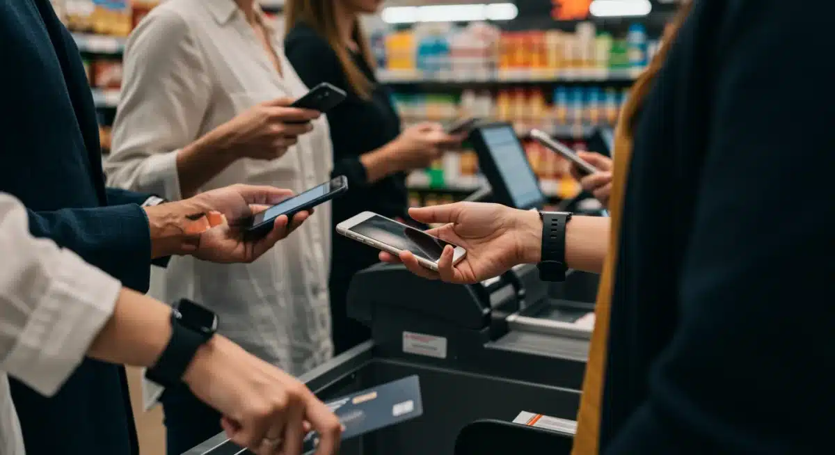 Consumers using various contactless payment methods at a supermarket checkout, highlighting convenience and speed.