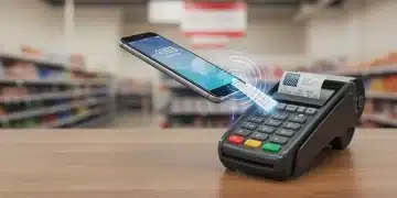 Smartphone making a contactless payment at a POS terminal, illustrating the rapid adoption of digital transactions in the US.