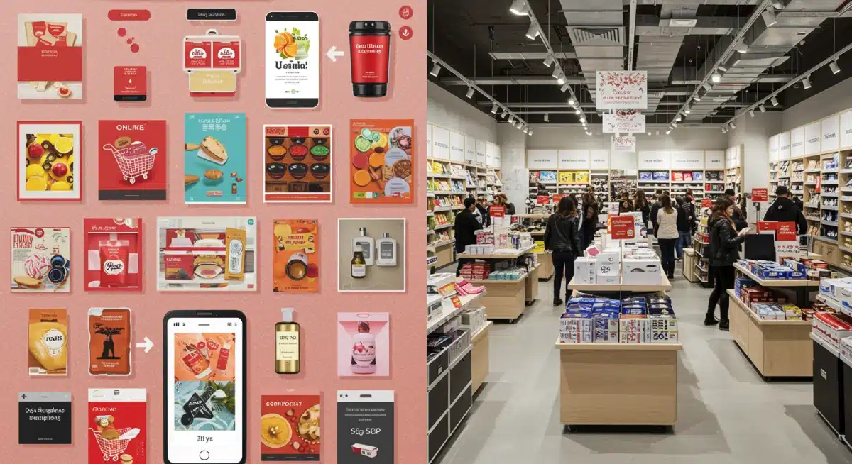 Online shopping interface contrasted with a quiet physical retail store.