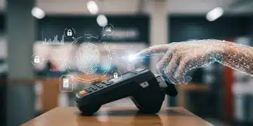 Futuristic fingerprint scan for biometric payment at a retail terminal