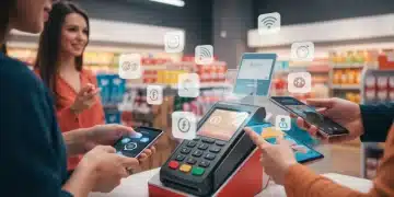 Futuristic retail checkout with customers using contactless payment technologies