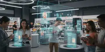 Futuristic retail scene with advanced loyalty program data on displays