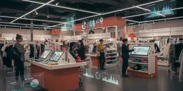Predictive Analytics in Retail: US Trend Forecasting 2025 Futuristic retail store with predictive analytics data overlays