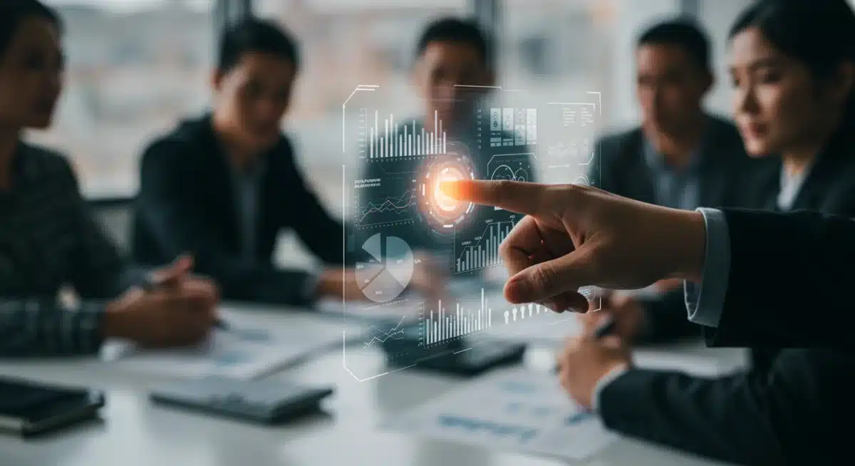 Holographic interface showing KPIs and predictive analytics