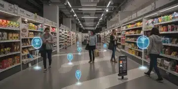 In-Store Navigation Beacons: Boosting US Retail Efficiency by 22% Customers using smartphones for in-store navigation with beacons in a modern retail store.