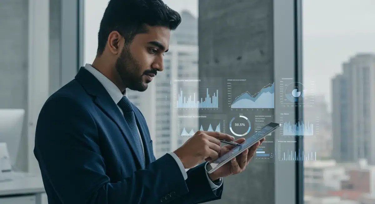 Business professional analyzing real-time payment data on a tablet for liquidity management