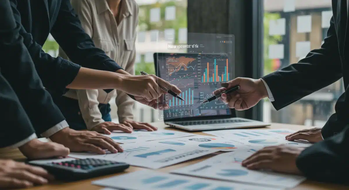 Business team analyzing market data for new product opportunities.