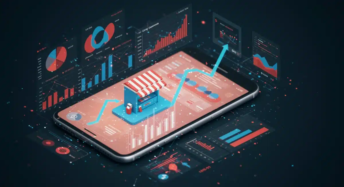 Mobile commerce growth trends and digital transaction data visualization.