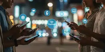 Diverse consumers making mobile payments with smartphones in a modern city