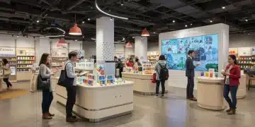 Modern retail store with interactive displays and engaging customers