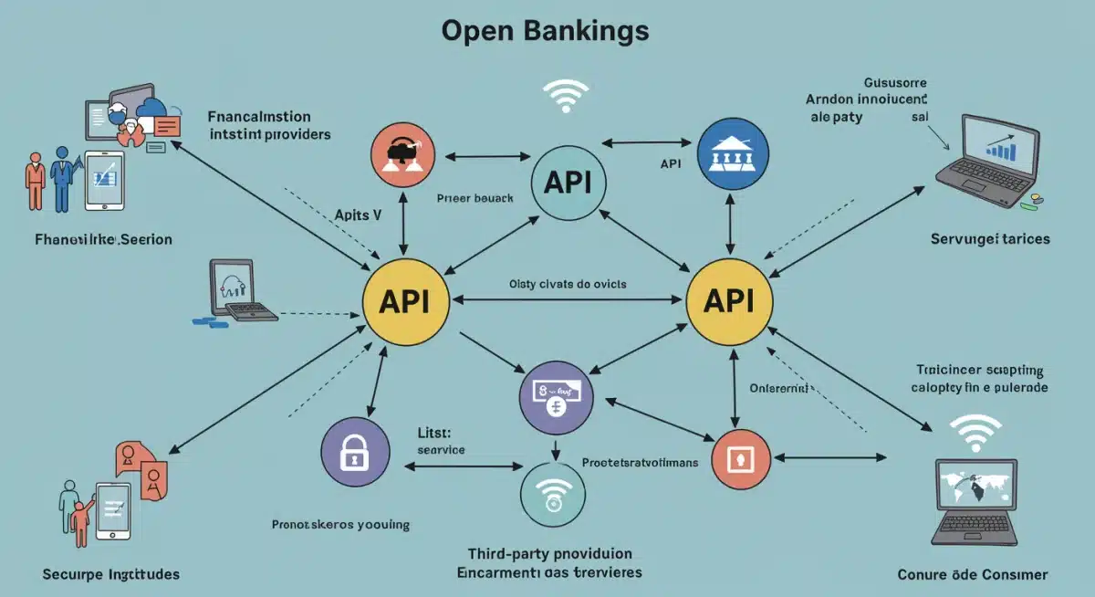 Diagram illustrating the interconnected network of open banking APIs and data flow