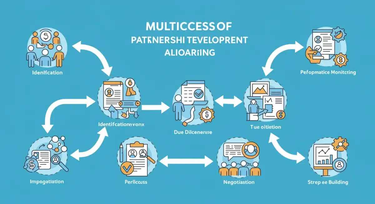 Infographic showing a strategic partnership development roadmap, including identification, due diligence, negotiation, and monitoring stages.