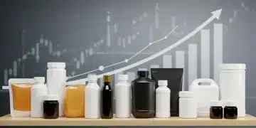 Diverse products on a shelf with an upward trend graph, representing product line diversification and market growth.