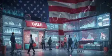 Futuristic retail landscape with economic charts and shopper silhouettes, predicting Q3 2025 US retail performance.
