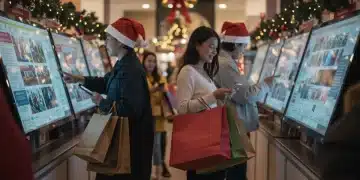 Bustling holiday shopping scene in Q4 2025 with shoppers using smartphones and carrying bags, symbolizing evolving retail trends.