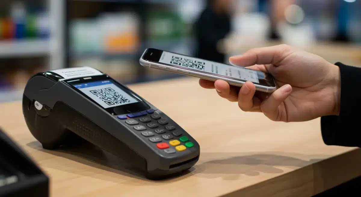 Customer scanning QR code for contactless payment at retail