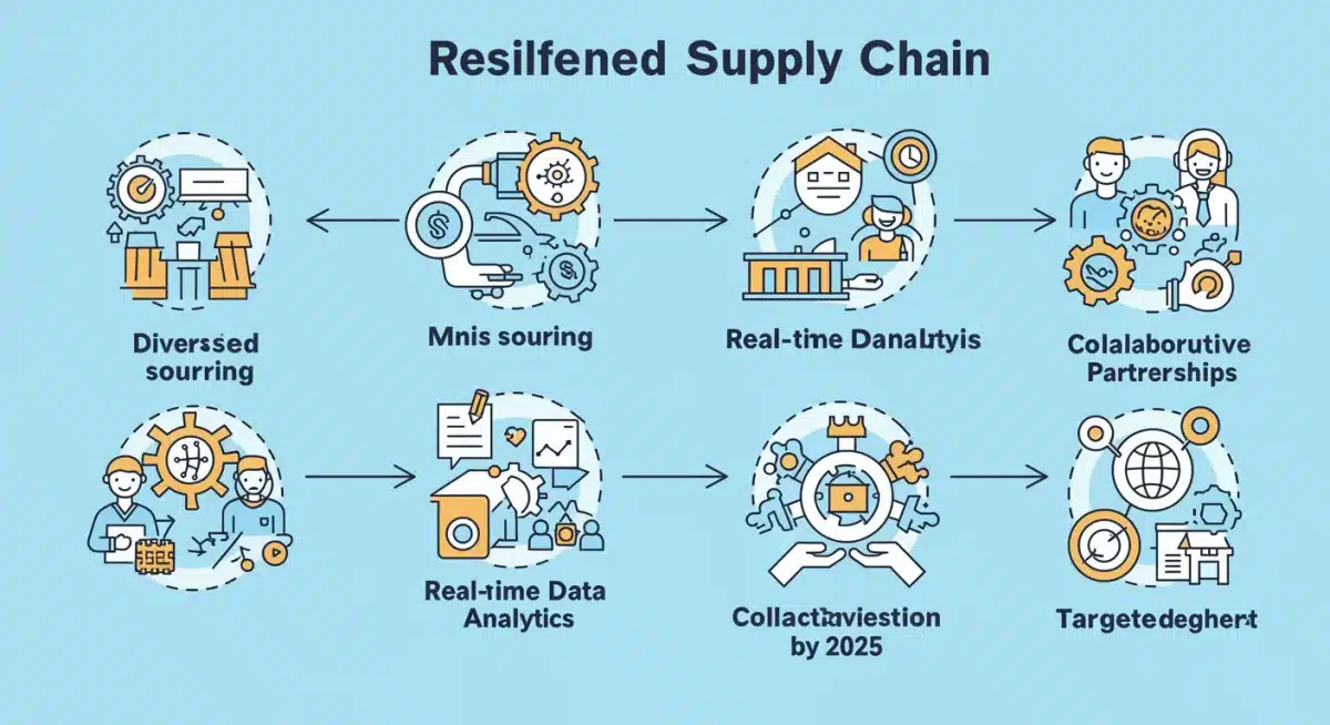 Infographic showing diversified sourcing, data analytics, automation for supply chain resilience