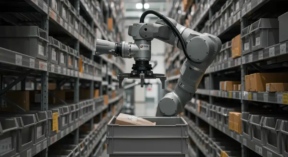 Robotic arm performing precise item picking in an automated warehouse.