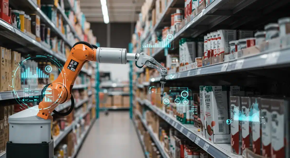 Robotics inspecting products on smart shelves for accurate inventory tracking.