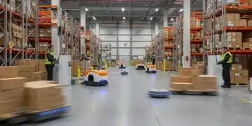 Autonomous mobile robots streamlining operations in a modern US e-commerce warehouse.