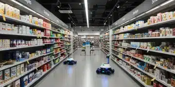 Smart shelves and inventory robots optimizing a modern retail store layout.