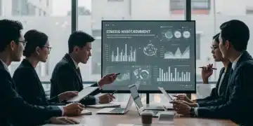 Strategic crisis management team analyzing financial data on a large screen in a modern office environment.