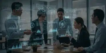 Business team analyzing market trends with strategic foresight tools for 2025.