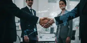 Business leaders shaking hands over a holographic financial chart, symbolizing successful strategic partnerships and revenue growth in 2025.