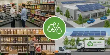 Sustainable retail practices in action: shoppers with reusable bags, bulk product displays, solar-powered stores, and electric delivery vehicles.