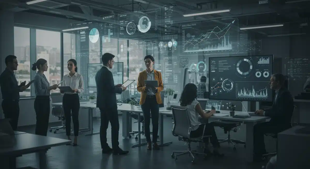 Professionals collaborating in a sustainable tech office, analyzing data