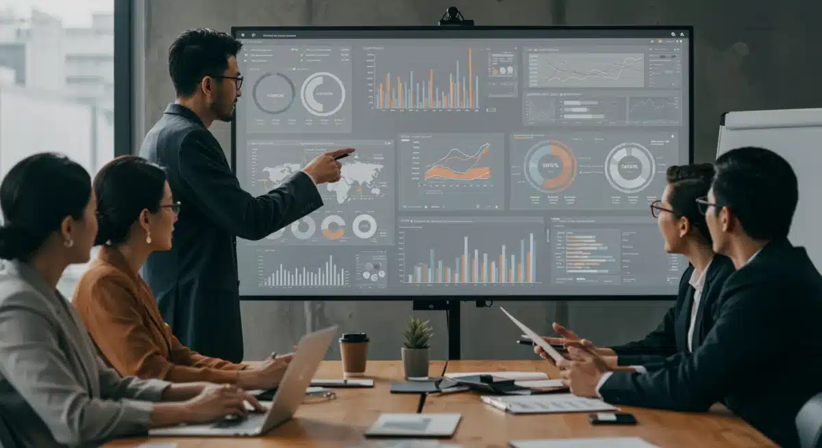 Business team collaborating on data visualization for strategic planning.