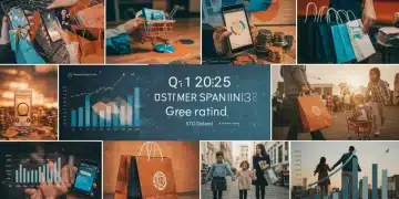 Dynamic visual illustrating US consumer spending trends and retail market analysis for early 2025.