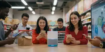 Voice commerce integration in action, customers making purchases via smart speakers and phones.
